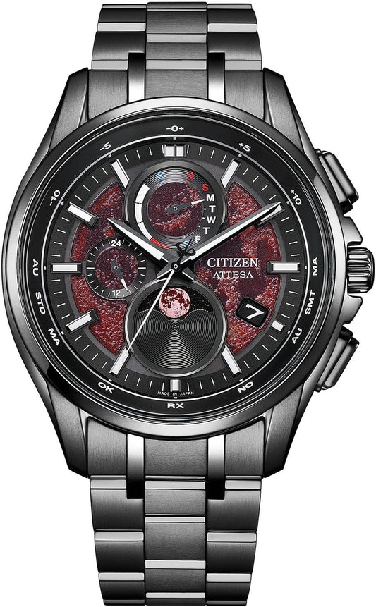 CITIZEN ATTESA Wristwatch, Radio Clock, Waterproof, Moon Phase, BY1005-73Z Limited, Shades of Red, Eco-Powered Eco-Drive, Lightweight, Titanium, Age Display, Sapphire Glass, Men's, Analog, Business, Second Hand, Date, Red, Black, Radio-controlled Solar