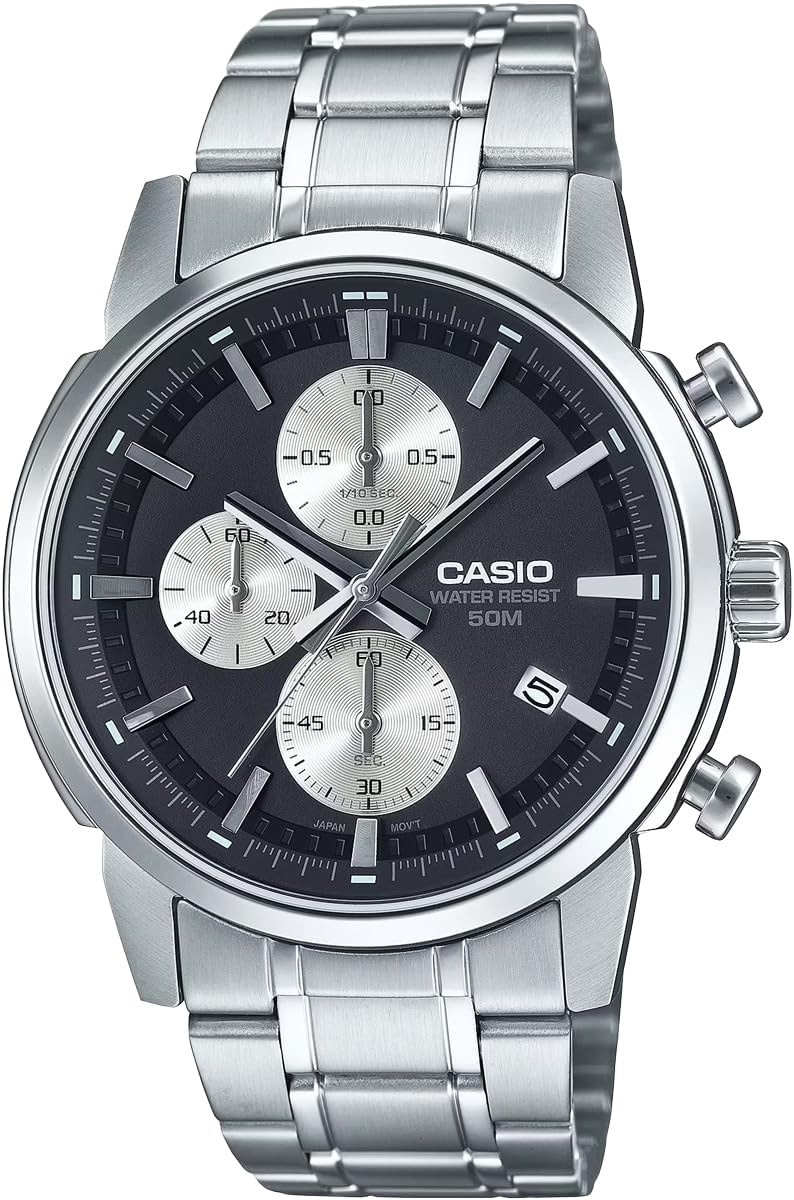Casio MTP-E510 Series Standard Men's Watch, 1/10 Second Chronograph, Quartz, Overseas Model, Black x Silver MTP-E510D-1A2V, Bracelet Type