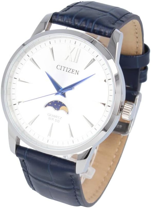 Citizen AK5000-03A Men's Quartz Analog Moon Phase Leather Stainless Steel Navy Silver