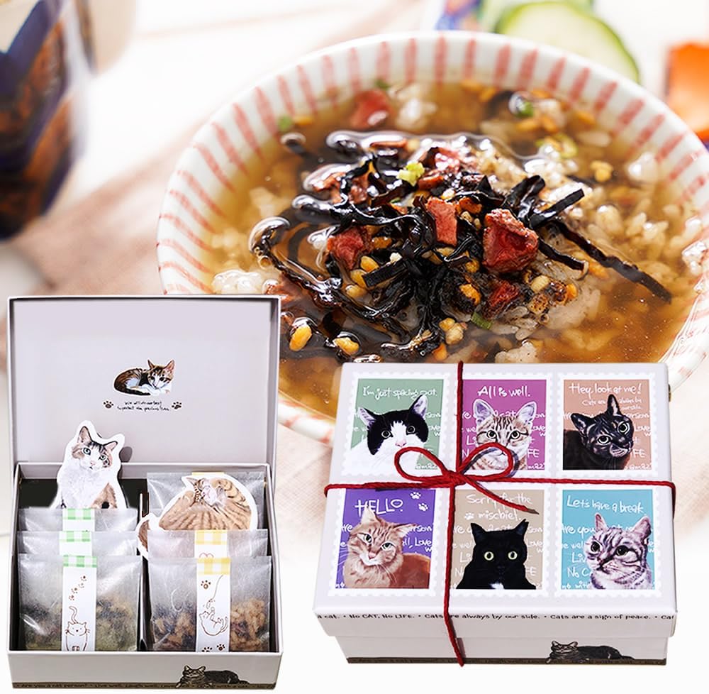 【Taru no Aji】Cat Lovers' Gift Set: Tea-Soaked Nyanko BOX with Kishu Nanko Plum Pickled Plums and Deep Koji Dashi Flavored, Additive-Free Tea-Soaked Seasoning, Kishu Nanko Plum Tea-Soaked with Hojicha