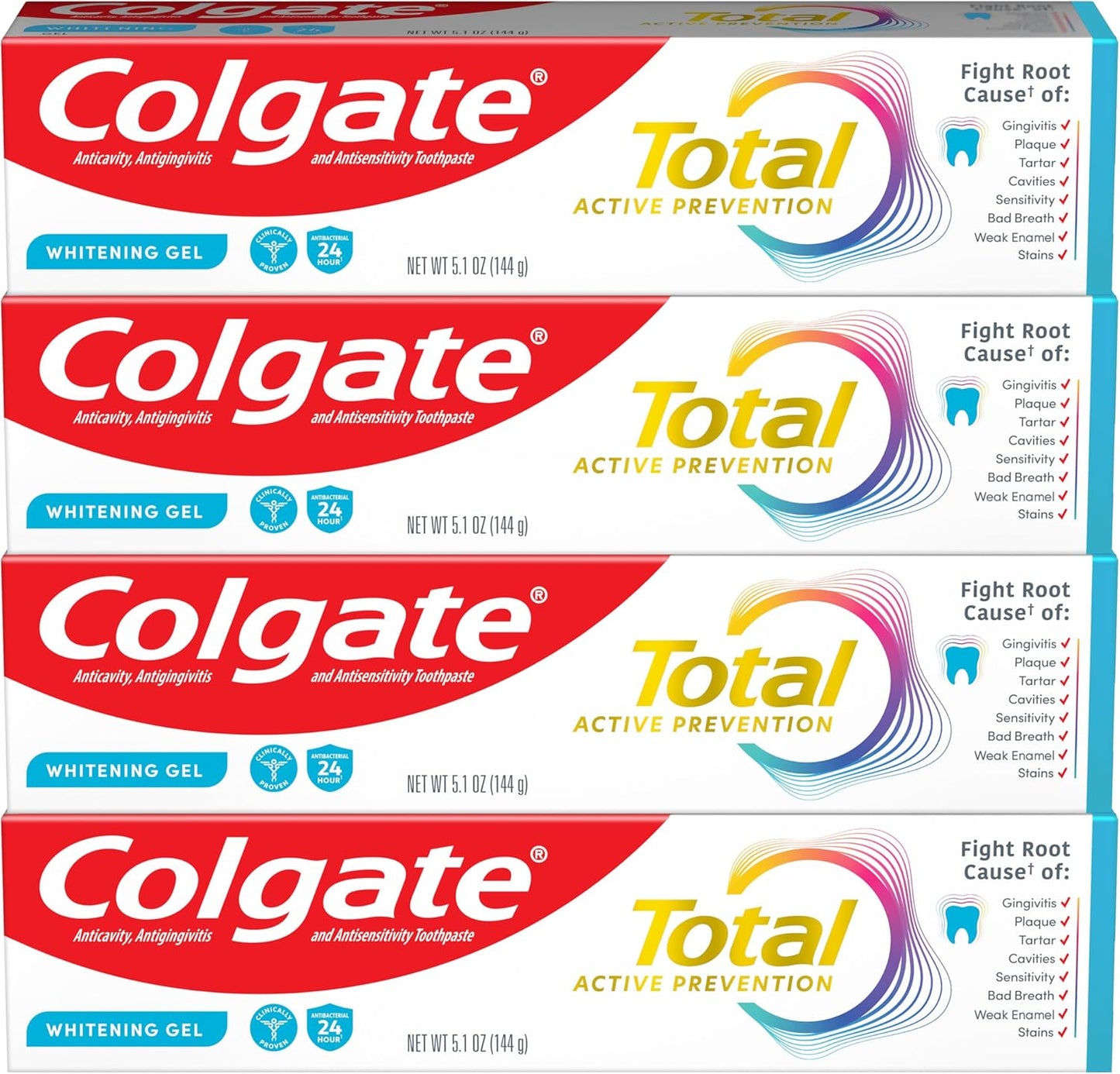 Colgate Total Active Prevention - Pasta de dientes en gel blanqueador con flúor, a granel con fórmula clínicamente probada que combate las bacterias de la placa, menta, paquete de 4, 5.1 onzas
