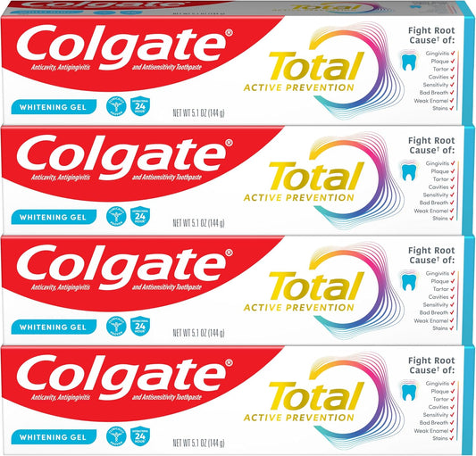Colgate Total Active Prevention - Pasta de dientes en gel blanqueador con flúor, a granel con fórmula clínicamente probada que combate las bacterias de la placa, menta, paquete de 4, 5.1 onzas