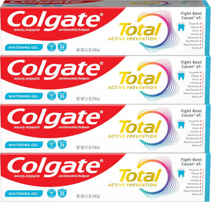 Colgate Total Active Prevention - Pasta de dientes en gel blanqueador con flúor, a granel con fórmula clínicamente probada que combate las bacterias de la placa, menta, paquete de 4, 5.1 onzas