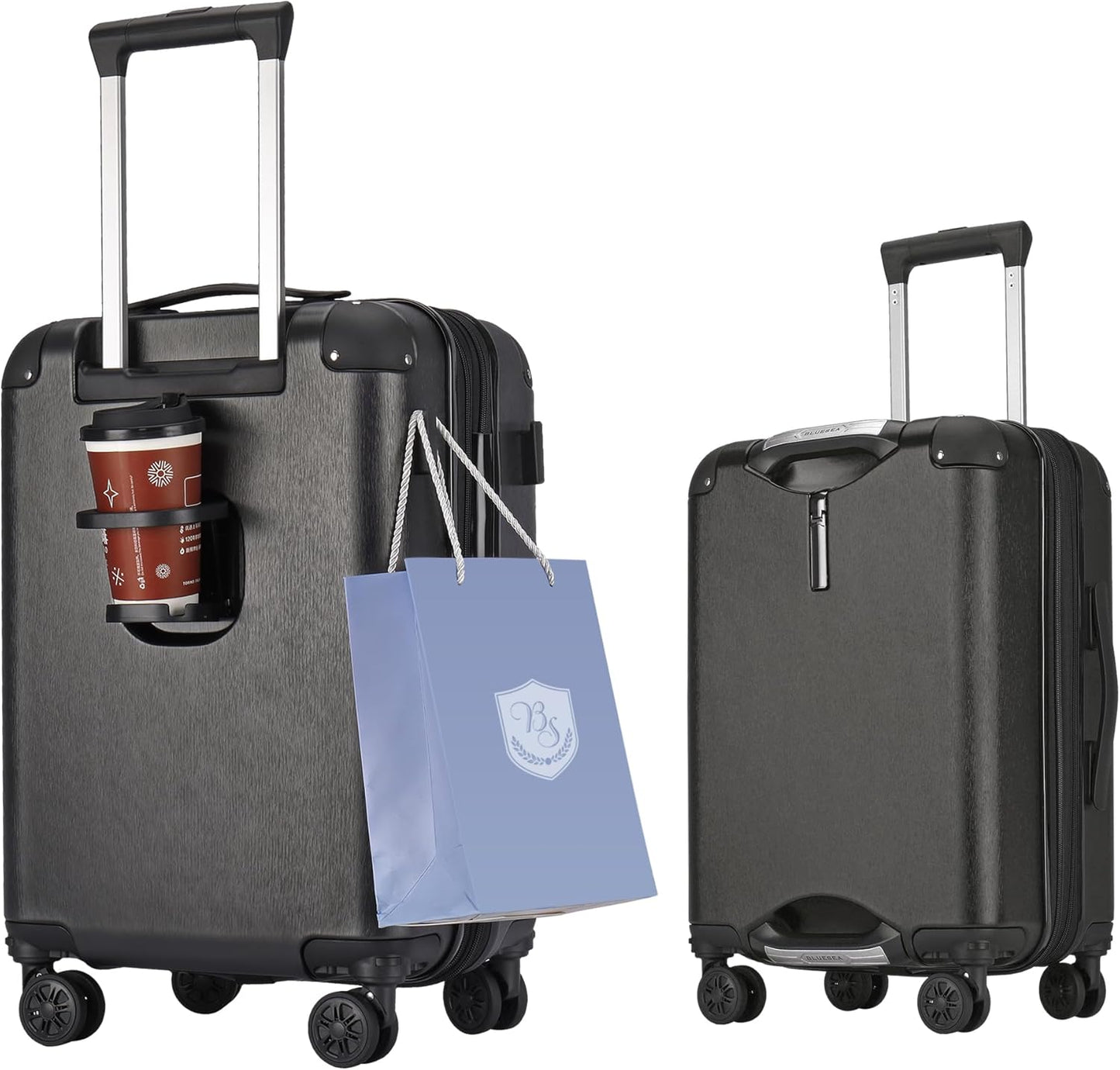 BlueSea BSSC08 Suitcase, Carrying Case, Carry Bag, Carry-on Bag, Grip Function, Expanded Size, 100% PC, TSA Lock, Double Casters with Hook Function, Cup Holder, Silent, Shock Resistant, Ultra