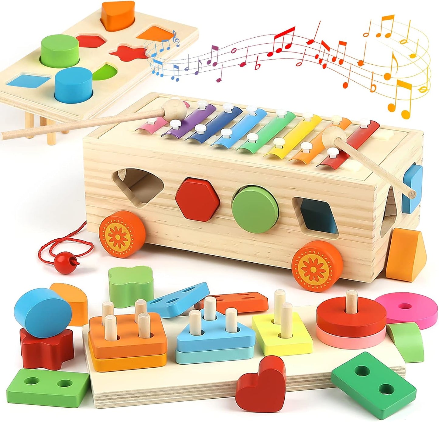 Montessori Educational Toy Toys 1 2 3 4 5 Years Old Boys Girls Birthday Present Ranking Wooden Shape Matching Musical Xylophone String Through Shape Sorter & Stacking Sensory Toy Infant Child Teaching