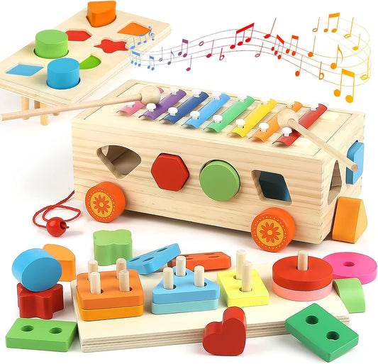 Montessori Educational Toy Toys 1 2 3 4 5 Years Old Boys Girls Birthday Present Ranking Wooden Shape Matching Musical Xylophone String Through Shape Sorter & Stacking Sensory Toy Infant Child Teaching
