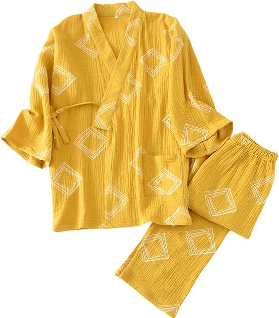 [BdeSYT] Women's Room Wear, Jinbei, Pajamas, Double Layer, Gauze, 3/4 Sleeves, Long Pants, Open Front, Loungewear, Kimono, Moisture-Absorbent, Texture, Comfortable, Loose, Japanese Clothing, Yukata,