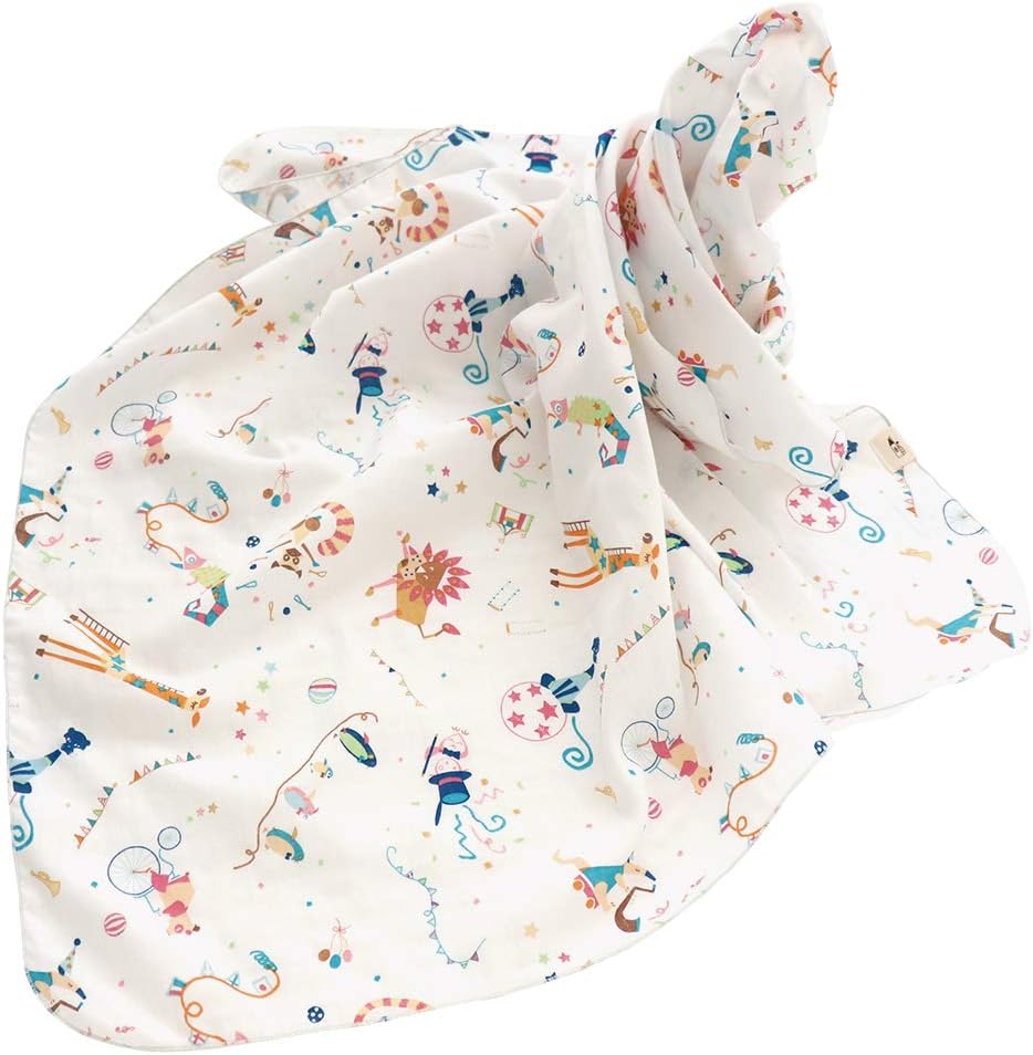 HashkuDe Double Gauze Swaddle Blanket, 39.4 x 43.3 inches (100 x 110 cm), Made in Japan (Circus: Animal Pattern)