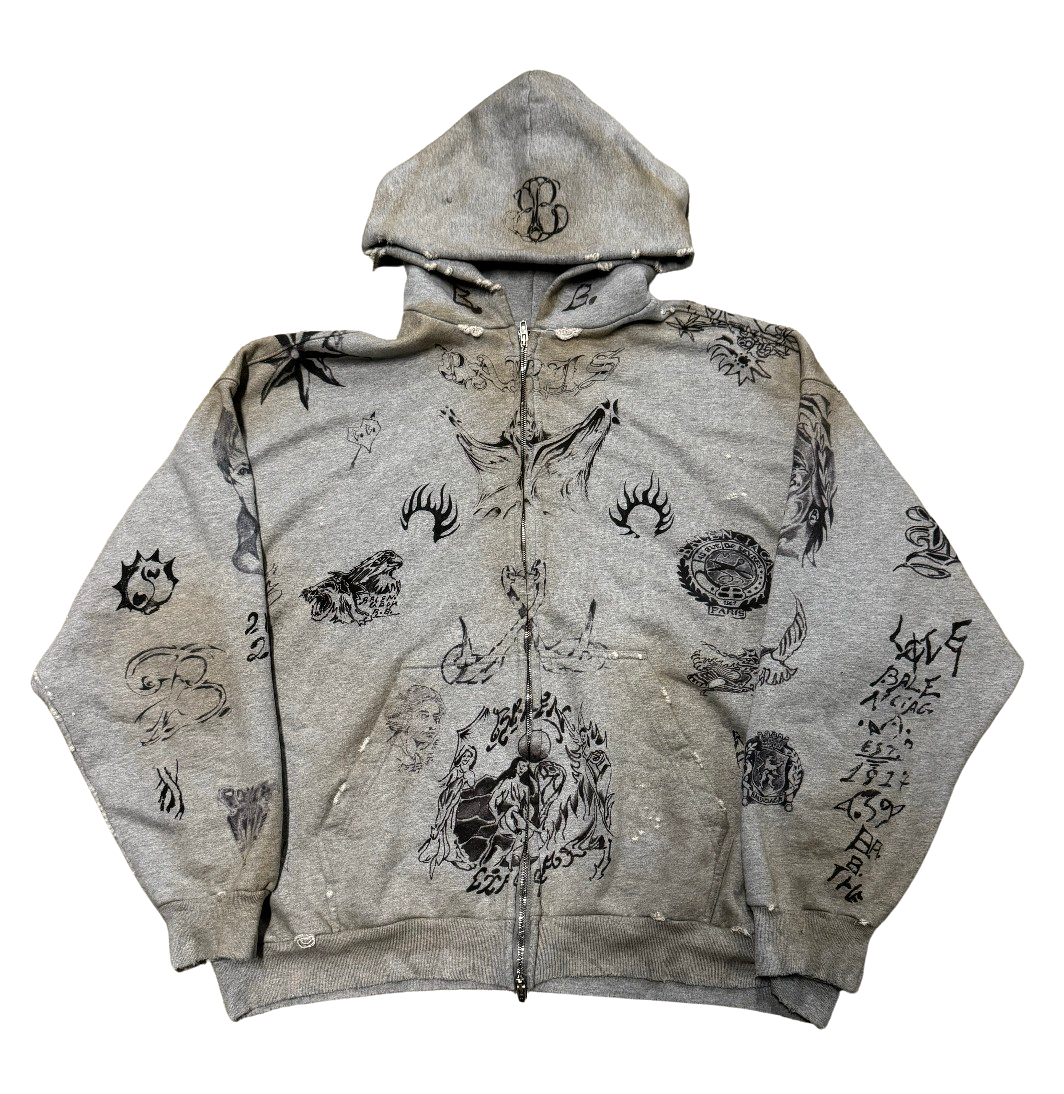 BALENCIAGA 'TATTOO' GREY ZIP UP HOODIE