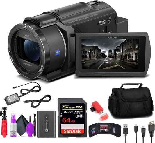 Sony FDR-AX43 UHD 4K ハンディカムカメラ (FDRAX43/B) + 64GB メモリーカード + バッグ + カードリーダー + フレキシブル三脚 + メモリーカードウォレット + レンズクリーニングキット - バンドル
