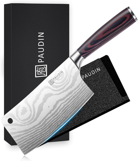 PAUDIN Chinese Cleaver Kitchen Knife High Carbon Stainless Steel 7 Inches Sheath Included Wooden Handle Sharp Cutting Meat Cutting Vegetable Cutting Fruit Cutting Commercial Use Home Use Kitchen Knife