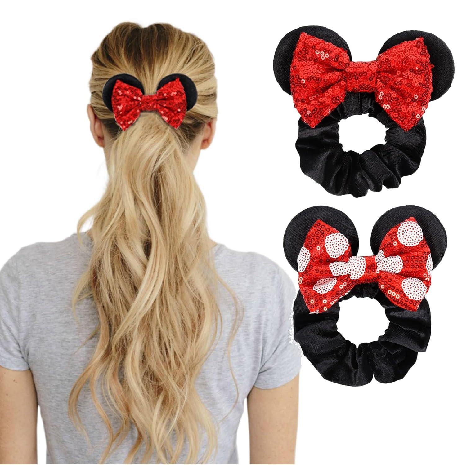 Lazos de pelo con lentejuelas para mujer, lazos de terciopelo con orejas de ratón para coleta, recuerdos de fiesta, disfraz de cosplay, accesorios lindos, rojo y negro