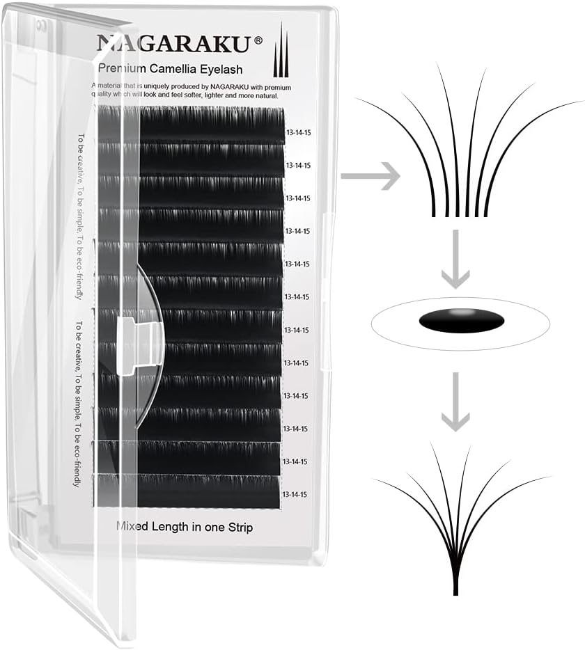 NAGARAKU 3D-6D Volume Eyelash Extensions 0.05mm D Curl 9-10-11mm Mixed Length Camellia Pandora Light and Long Lasting Eyelash