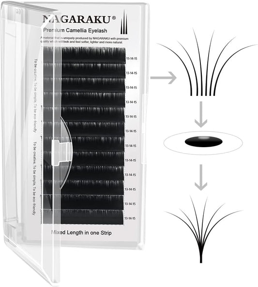 NAGARAKU 3D-6D Volume Eyelash Extensions 0.05mm D Curl 9-10-11mm Mixed Length Camellia Pandora Light and Long Lasting Eyelash