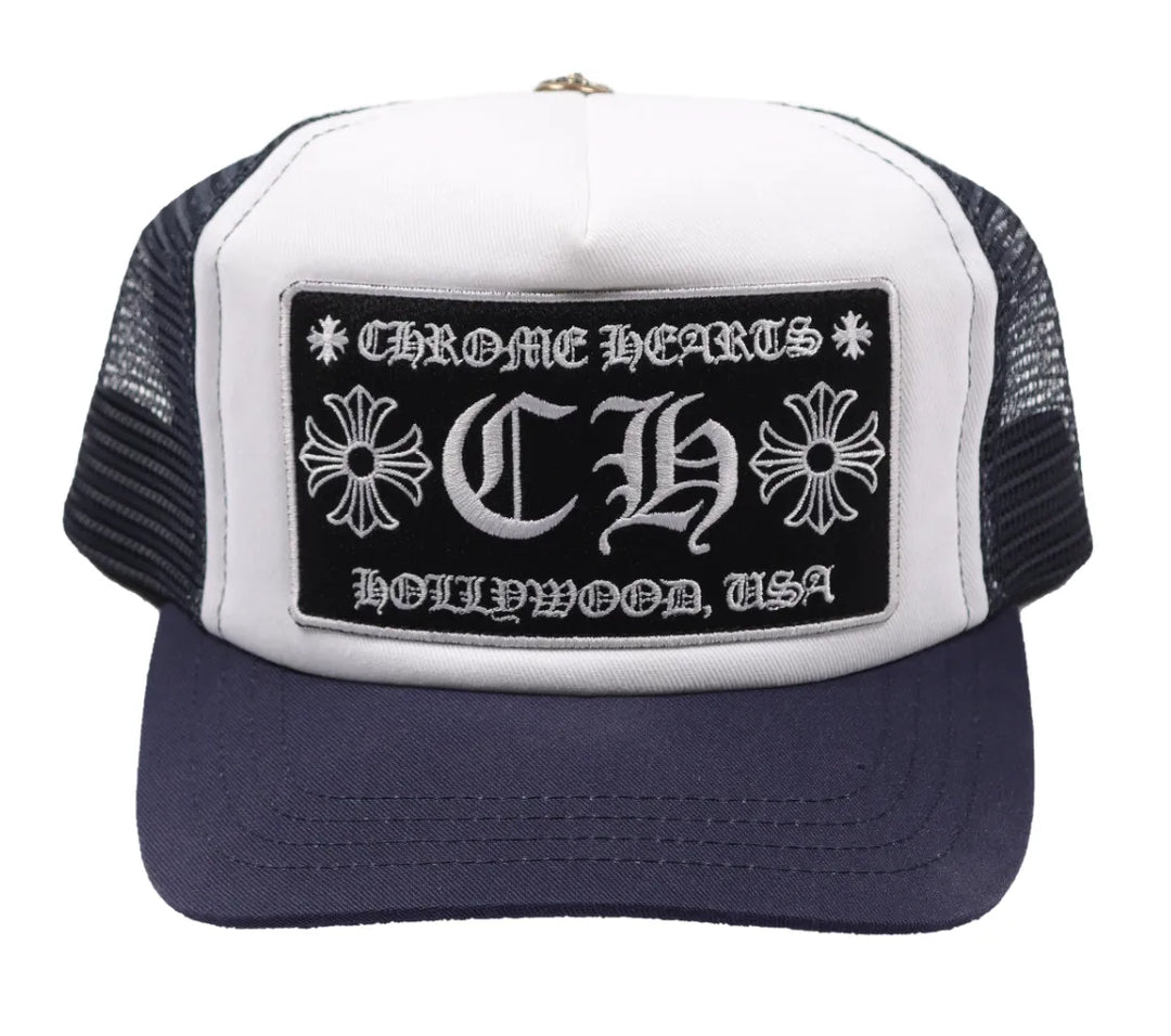 CHROME HEARTS CH HOLLYWOOD NAVY BLUE/WHITE TRUCKER HAT