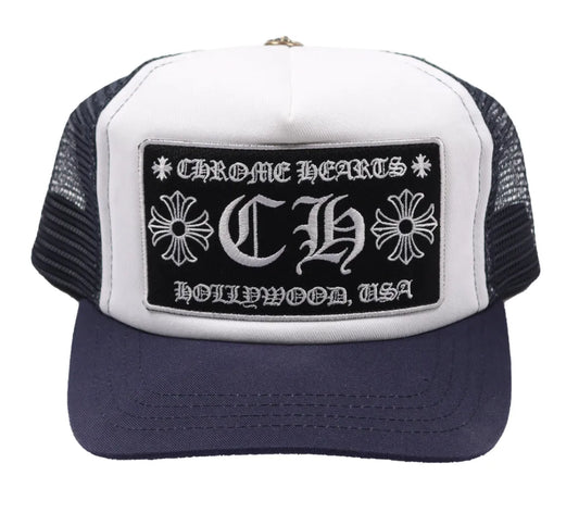 CHROME HEARTS CH HOLLYWOOD NAVY BLUE/WHITE TRUCKER HAT
