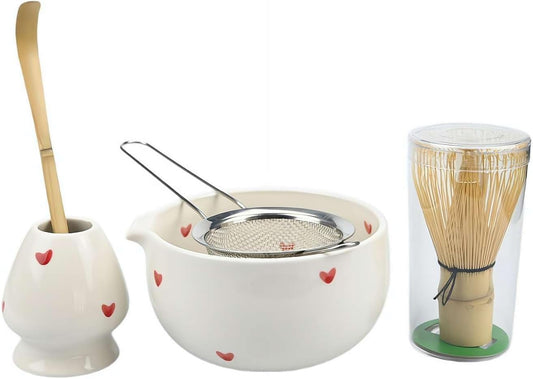 Heart-shaped Matcha Tea Utensils Set - Ceramic Rice Bowl, Bamboo Sachi, Stainless Steel Spoon, Matcha Set, Tea Utensils, Beginner, Tea Ceremony Set, Ceramic Bowl, Bamboo Chasen, Chasen (White 5 Pcs)