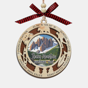 Adorno de Navidad del Parque Nacional de las Montañas Rocosas, diseño de corte láser de madera de 2 capas, decoración de árbol de vacaciones, regalo de recuerdo de viaje, picos alpinos, vida