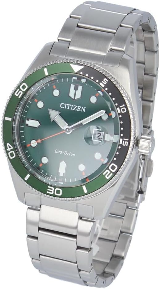 CITIZEN AW1768-80X Eco-Drive Eco-Drive Watch, Men's, Solar, Analog, 3 Hands, Stainless Steel, Metal, Silver, Green, Bracelet Type