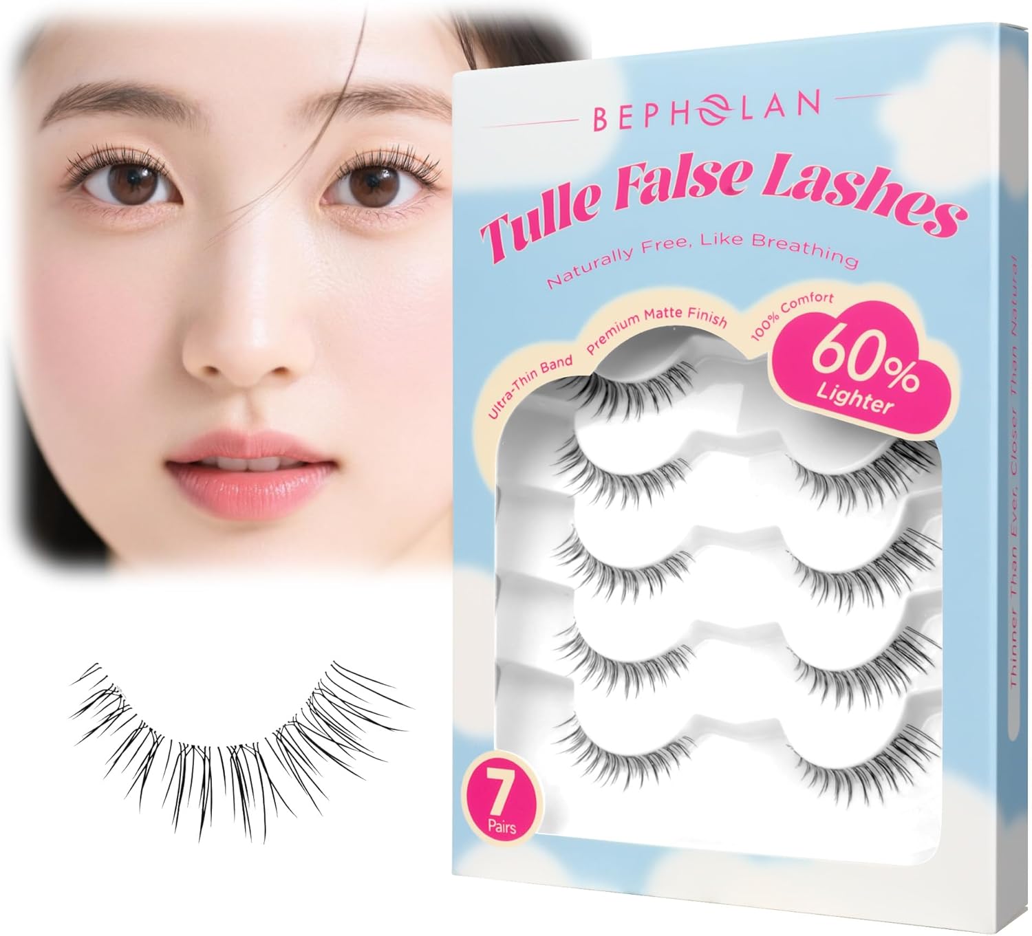 Ultra-thin False Eyelashes - BEPHOLAN 7 Pairs Eyelash Pack False Lashes Natural Look 100% Handmade Lash Strips Lightweight Lashes with Soft Clear Band (CCS321)