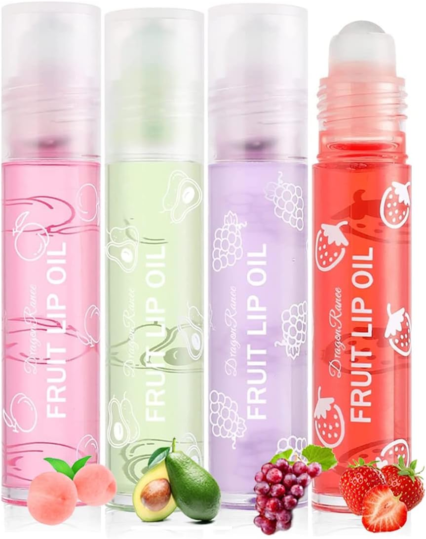 Hydrating Lip Oil Fruit Roll On Lip Grow Oil Primer Moisturizing Lip Balm Kit Clear Lip Gloss Slip Care 4 pcs