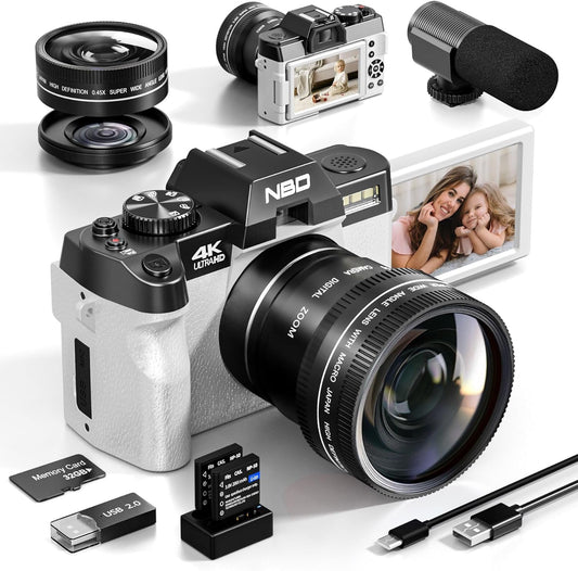 NBD 4K 48 Megapixel 60 FPS Digital Camera [Macro + Wide Angle Lens, WiFi App Control] with 16x Zoom AF Function SLR Camera | LED Flash & Webcam Function | 32GB TF Card & 2 Batteries Included (White)