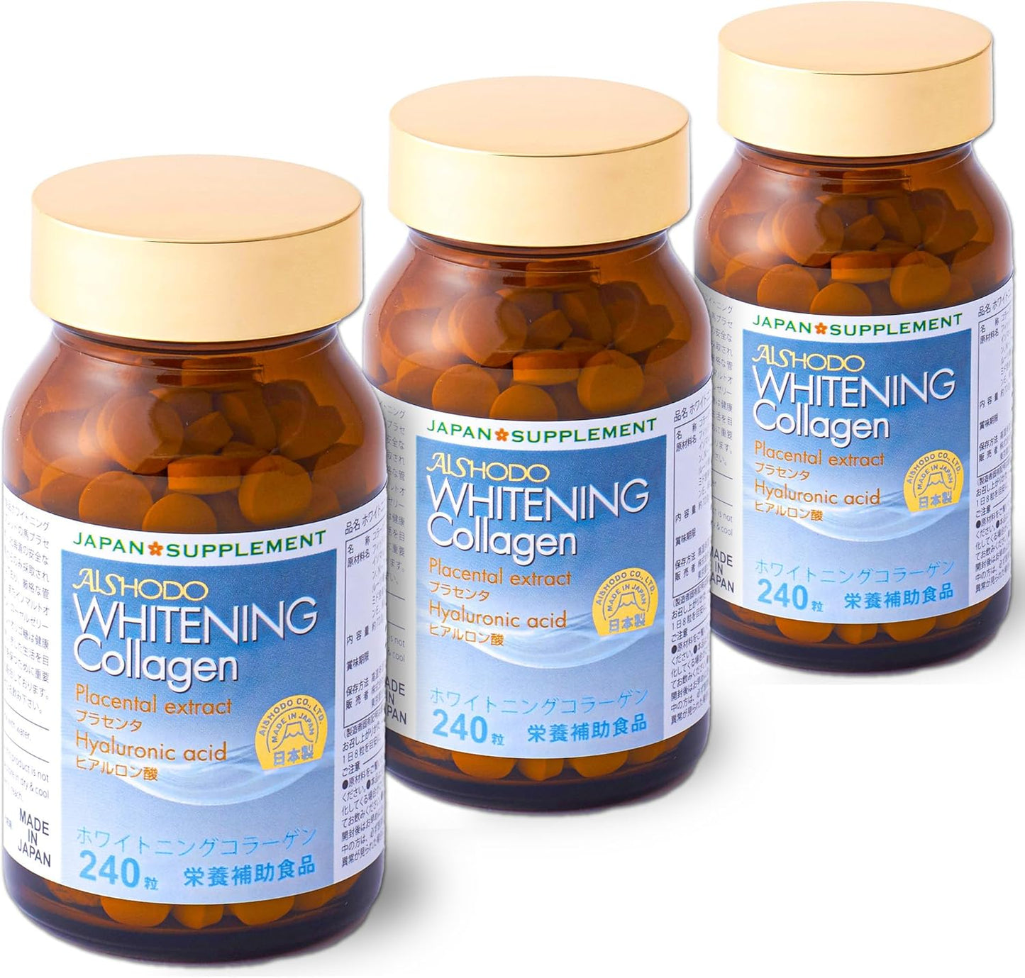 Aishodo Whitening Collagen 30 Day Supply, Made in Japan, GMP Factory, Placenta, Hyaluronic Acid, Coenzyme Q10, L-Cystine, Vitamin C, Royal Jelly Formulated (240 Tablets x 3)