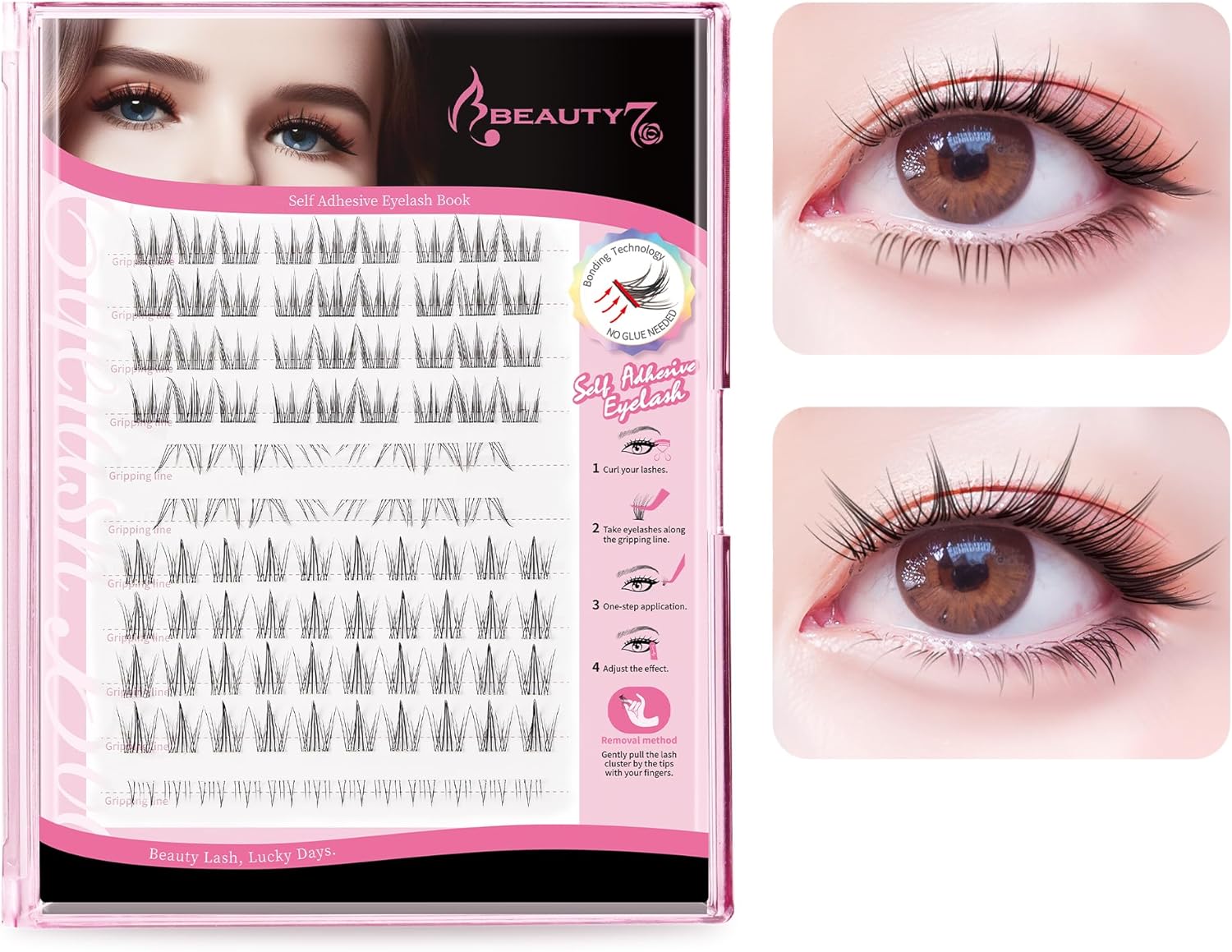 Beauty7 Glue-Free Partial False Eyelashes, Glue-Free, Self-Adhesive False Eyelashes, Natural Transparent Axis, Four Styles, Self, Large Capacity, Natural, High Quality Fiber, Reusable Use, Cute,