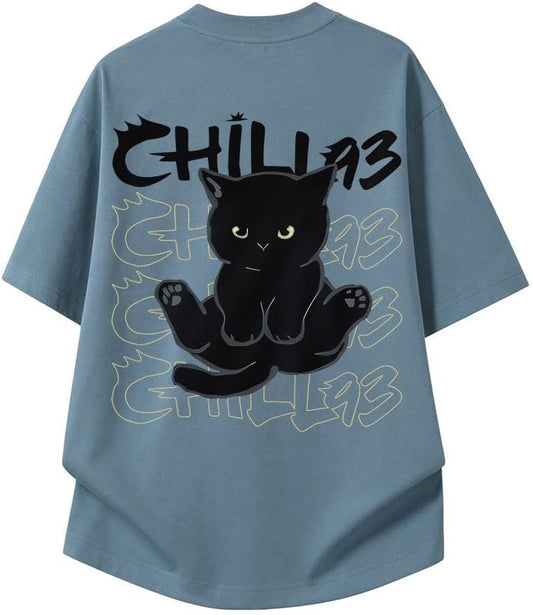 Summer Clothing, Men's, Short Sleeve, 100% Cotton, Large Size, Funny, Cute Cat Pattern, Printed, Round Neck, Half Sleeve, Top, Lightweight, Soft, Comfortable, Casual, Cute, Fashionable