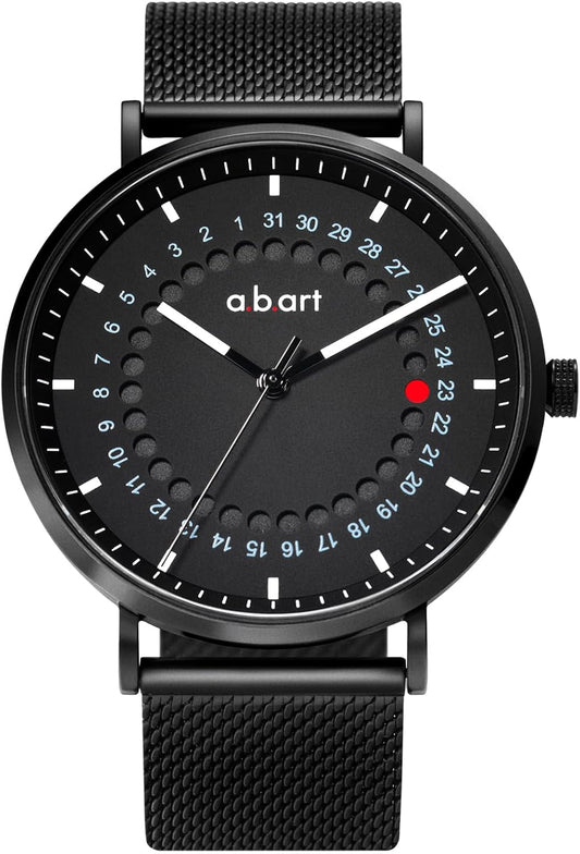 a.b.art Men's Swiss Parts Movement Sapphire Glass Black Dial Stainless Steel Mesh Strap Thin Waterproof Analog 41mm Minimalist Bauhaus Design Watch