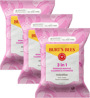 Burts Bees - Toallas faciales micelar de agua de rosas, 100% tela a base de plantas; 99% origen natural; quita el maquillaje, limpia, hidrata; sin residuos grasos y grasos; todo tipo de piel; 30 unidades, paquete de 3 (paquete puede variar)
