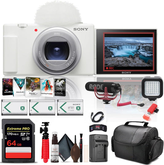 Sony ZV-1 II Vlogカメラ コンテンツクリエイターとVlogger用 (ホワイト) (ZV-1M2/W) + プロマイク + 64GB カード + フォトソフトウェア + NP-BX1バッテリー2個 + カードリーダー + LEDライト + ソフトバッグ + 充電器 + その他