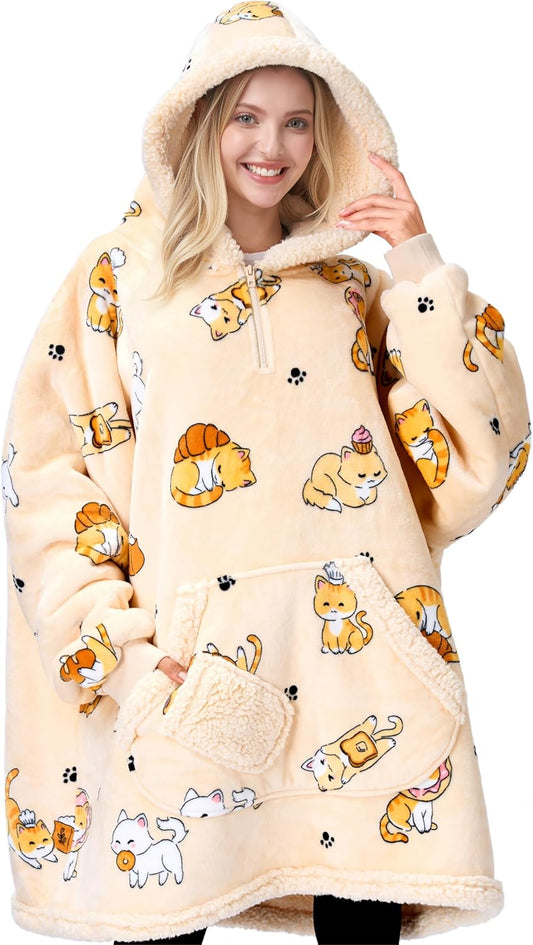 Giggling Getup Manta con capucha para adultos, regalos para adolescentes, niñas, hermanas, mujeres, forro polar sherpa, sudadera con capucha, cálida y acogedora con bolsillo y mangas, color beige gato
