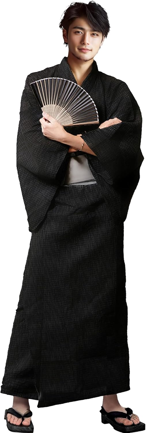 Aletta domani Men's Yukata, Yukata, Square Obi, Geta Wooden Fan, 4-Piece Set, One-Touch Obi, Stylish, Large Size, Retro, Festivals, Souvenirs, Events, Fireworks Festivals, 4 Colors, Black, Navy, Red