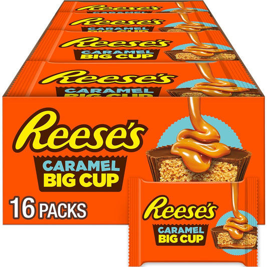 REESE'S Big Cup - Tazas de mantequilla de maní y chocolate con leche y caramelo, paquetes de dulces, 1.4 onzas (16 unidades)