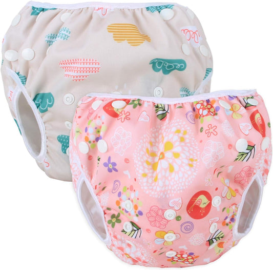 Teamoy 2 Piece Water Play Pants Set for 0-3 Years Old Baby Adjustable Size with Button Waterproof Outer Layer Polyester Mesh Inner Layer Diaper Cover Swimming Class Park Beach Pool (Couds + Flowers