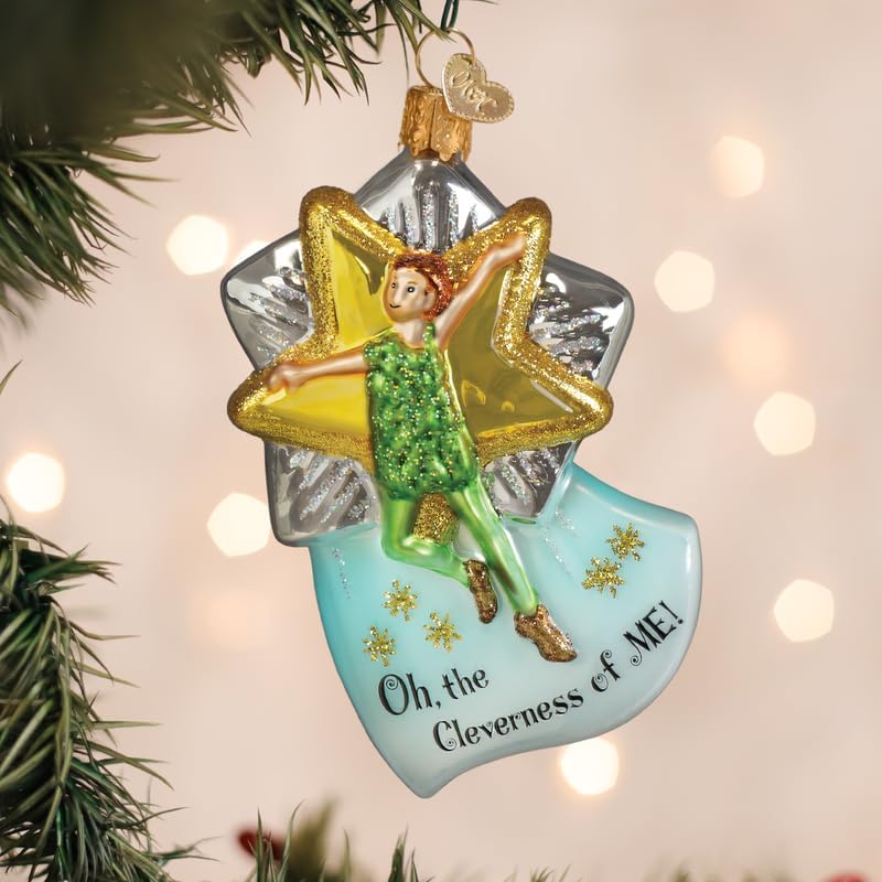 Old World Christmas Clever Peter Pan - Adorno de cristal soplado para árbol de Navidad, decoración navideña hecha a mano, colección Disney