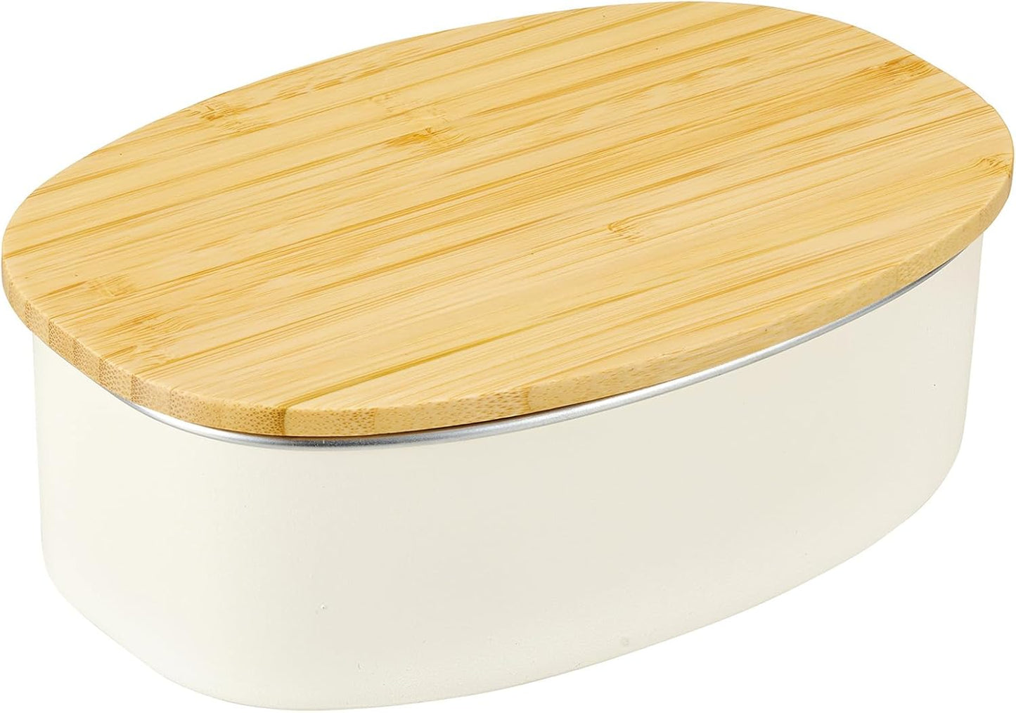 Nonoji Stainless Steel Lunch Box Oval, Microwave and Dishwasher Safe, Stylish and Simple Bento Box with Natural Wooden Lid, White