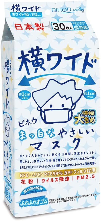 Biho Mask, Safe Made in Japan, Disposable Non-woven Mask, Loose Size, Flat Rubber and Soft Fabric that Does Not Hurt Your Ears, Lightweight to Wear, Pollen, Viruses, Splash Prevention, Wide Horizontal