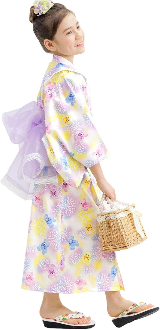 Bee saa01400 3-Piece Kids’ Yukata Set, Girls, Summer, Easy to Wear, Separated Type, for Festivals / Fireworks Shows, Lilies / Ribbons / Camellias / Polka Dots / Cats / Balls