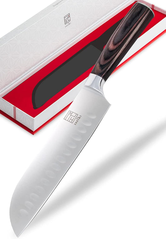 Santoku Knife, 7.1 inches (180 mm), Stainless Steel, Dishwasher Safe, Gift, Double-edged, Multi-purpose, Wood Handle, Kitchen Tool, Blade Length, Living Alone