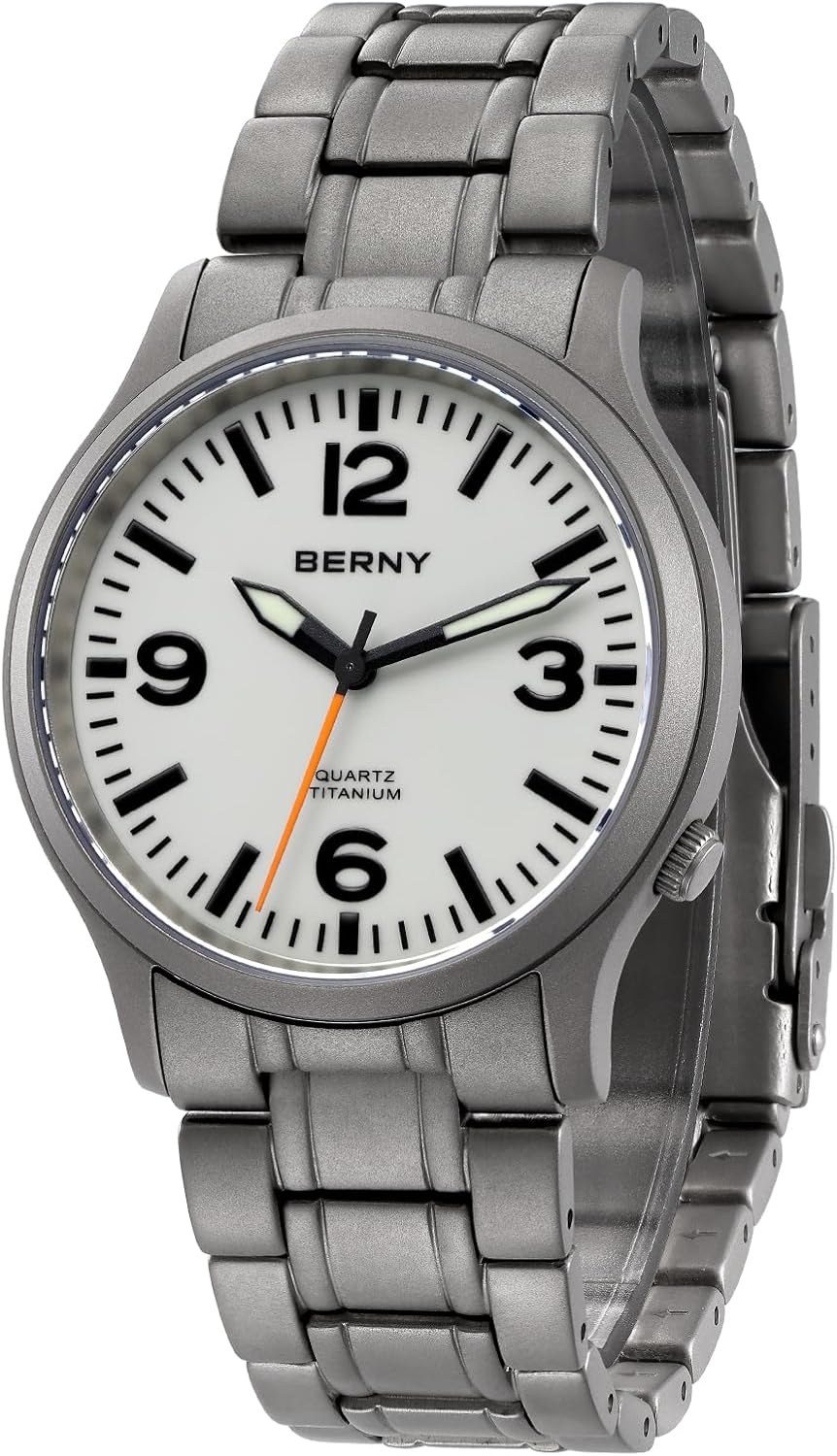 BERNY Titanium Watch Men's Men's Wristwatch Men's Wristwatch Japan Sweep Second Quartz Movement VH31 5ATM Waterproof Analog Quartz Watch Super Luminous Sapphire Glass, white, Fashion