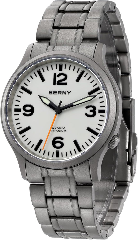 BERNY Titanium Watch Men's Men's Wristwatch Men's Wristwatch Japan Sweep Second Quartz Movement VH31 5ATM Waterproof Analog Quartz Watch Super Luminous Sapphire Glass, white, Fashion