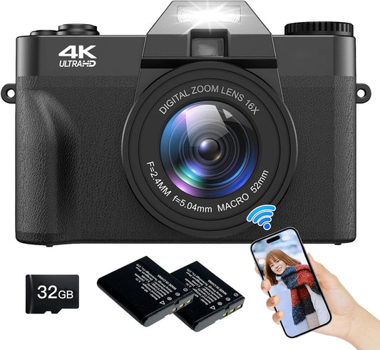 Moledro Digital Camera, 4K Digital Camera, Wifi Transfer Function, 48 Megapixels, 180 Degree Rotatable Display, 32 GB Micro SD Card Included, 16x Digital Zoom, Autofocus Function, Webcam, HDMI Output,