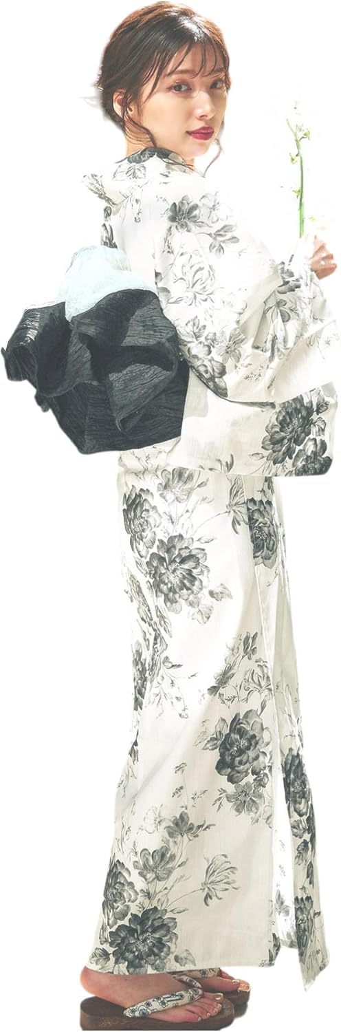 Dita Women's Yukata, 5-piece Set, Waist Belt, Pink, White, Black, Watercolor, Monotone, Simple, Flower, Easy to Wear by One Person