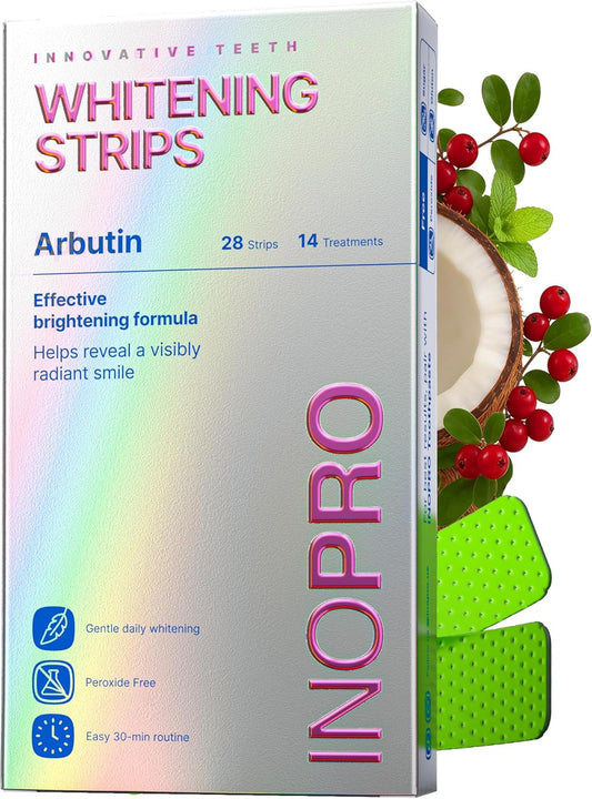 InoPro Kit de 14 Tratamientos de Tiras Blanqueadoras Dentales - Blanqueador Dental Seguro para el Esmalte, Sin Peróxido, Tiras Verdes y Blancas para Blanqueamiento Dental con Arbutina, Aceite de Coco
