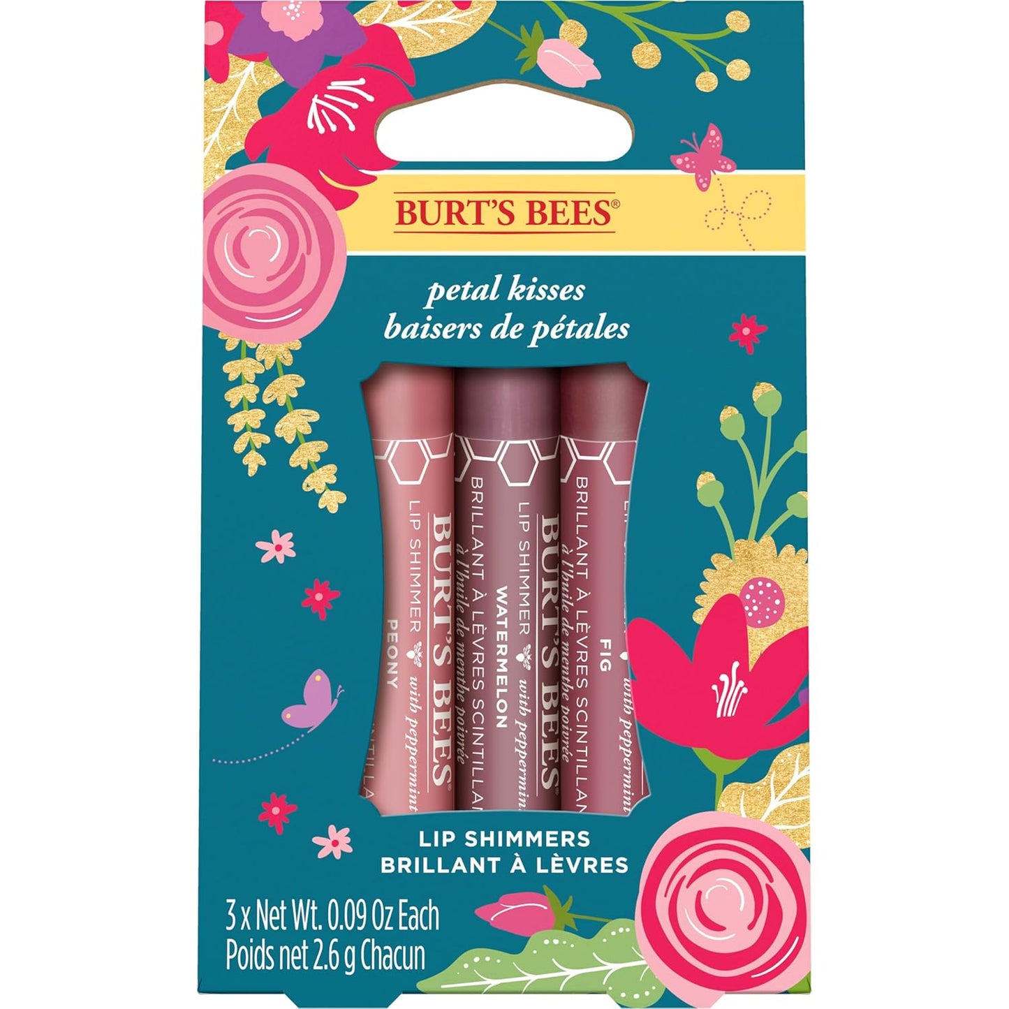 Burt's Bees Kissable Color Spring Gift Set, Petal Kisses, 3 brillos de labios en peonía, higo y sandía