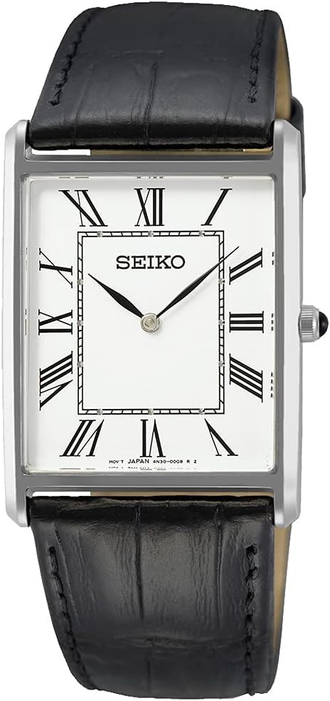 Seiko SWR049 Men's Wristwatch, Square Design, Quartz, White Dial x Black Leather Band, Classic