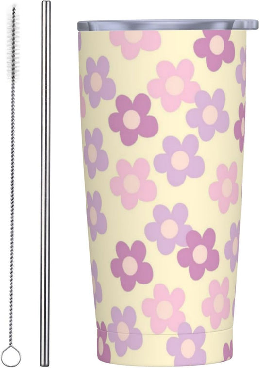 Vaso de 20 onzas con tapa y popote para mujer, diseño floral retro, con aislamiento, diseño floral retro, diseño de flores moradas, de acero inoxidable, taza de viaje al vacío de doble pared