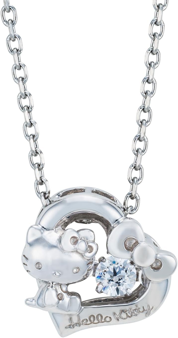White Clover SAKT-N004RD Hello Kitty Dancing Stone Necklace, 15.7 inches (40 cm), Sanrio Characters 925 Silver, Surgical Stainless Steel, Cubic Zirconia, Heart, Ribbon, Dancing Stone, Silver